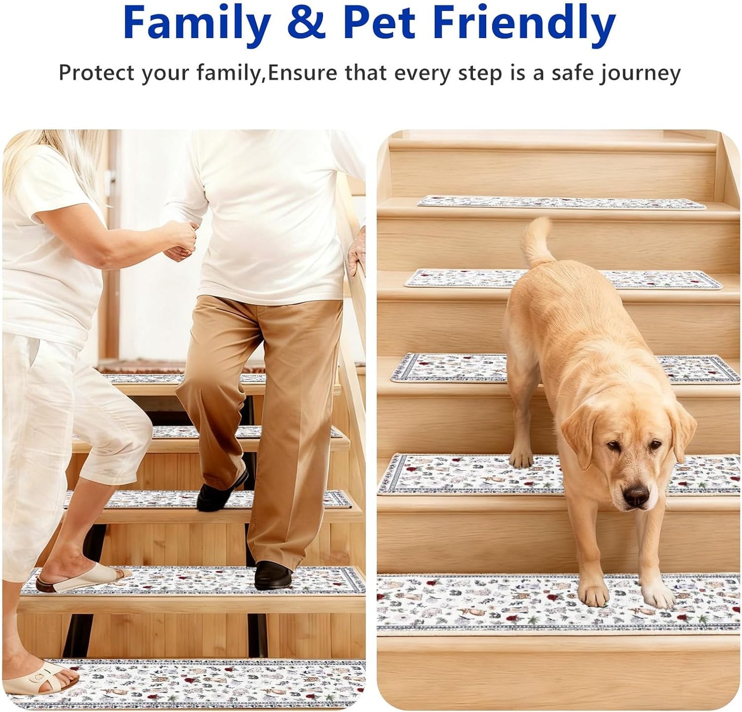 Animal Cat Dog Stair Treads Non Slip for Wooden Steps 15PCS 8"x30" Stair Carpet Treads TPR Backing Soft Stair Runner Washable Reusable Indoor Safety Stair Mats for Elders Kids Dogs Black