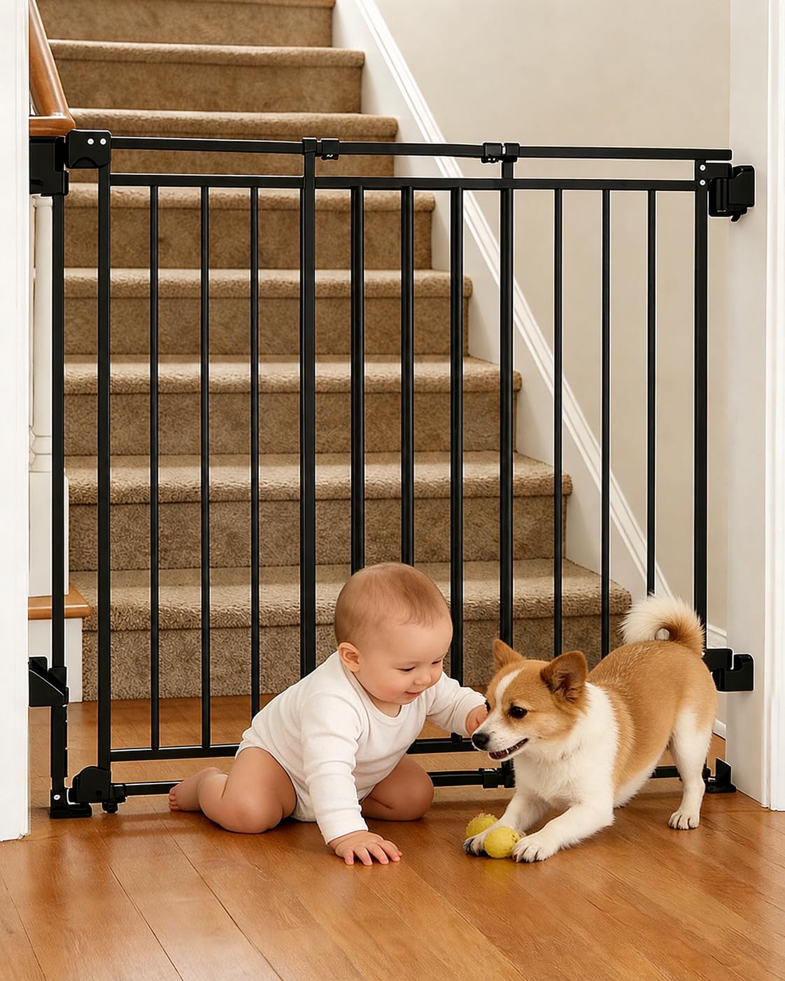 Extra Wide Baby Gate for Doorways 29" Tall Safety Gate for Kids&Pets,Pressure Mounted with Auto Close,Walk-Thru Metal Gate,Adjustable Width 26.4"-43",Indoor Pet Gate for Stairs & Hallways Black