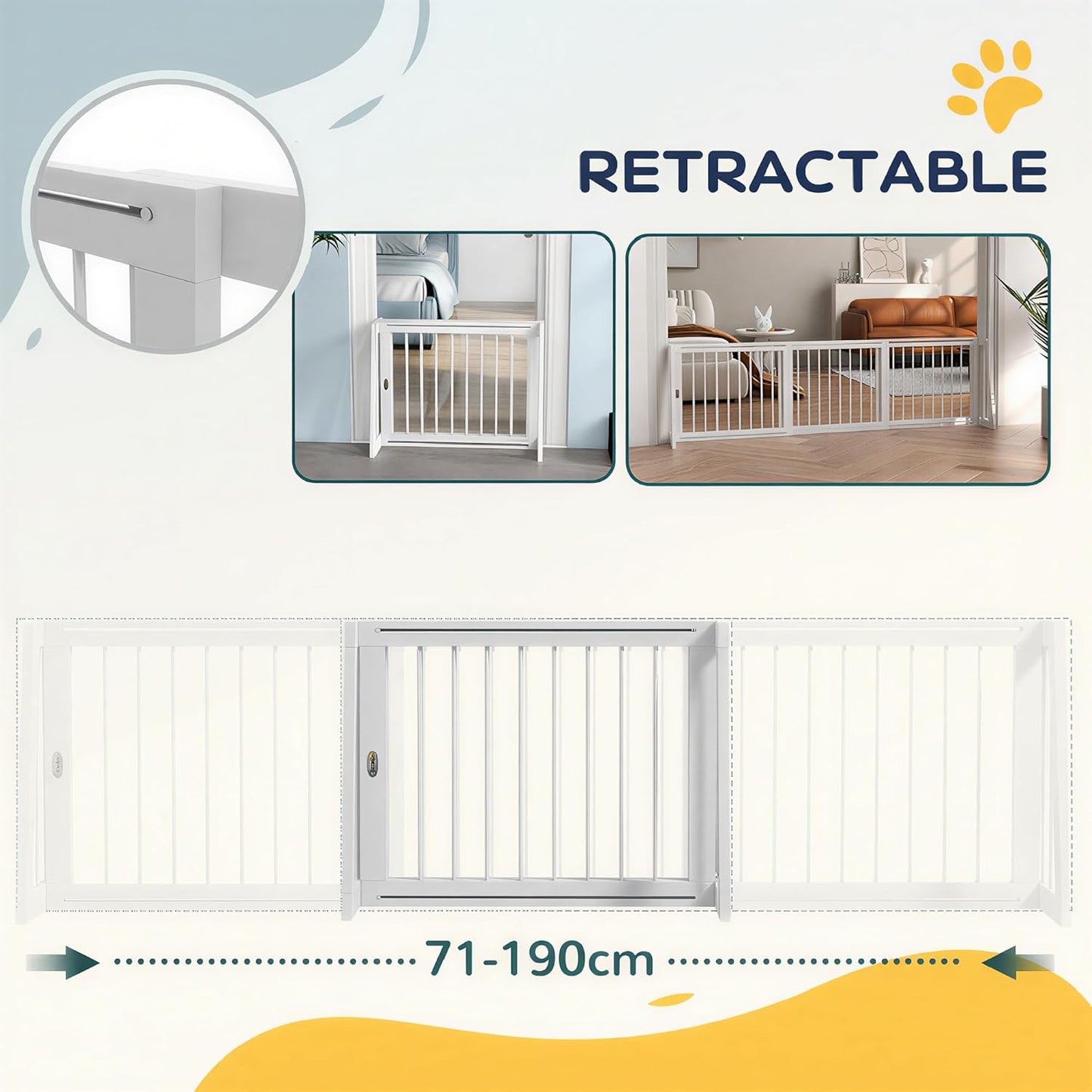 PawHut Freestanding Pet Gate, Wooden Dog Gate with 28"-75" Retractable Length, Support Feet, Non-Slip Mats, 3 Panel Pet Gate for Indoor, Stairway, Doorway, White