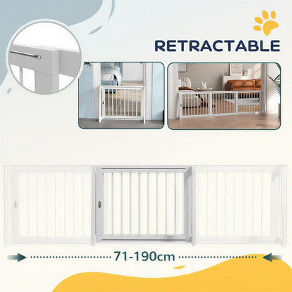 PawHut Freestanding Pet Gate, Wooden Dog Gate with 28"-75" Retractable Length, Support Feet, Non-Slip Mats, 3 Panel Pet Gate for Indoor, Stairway, Doorway, White