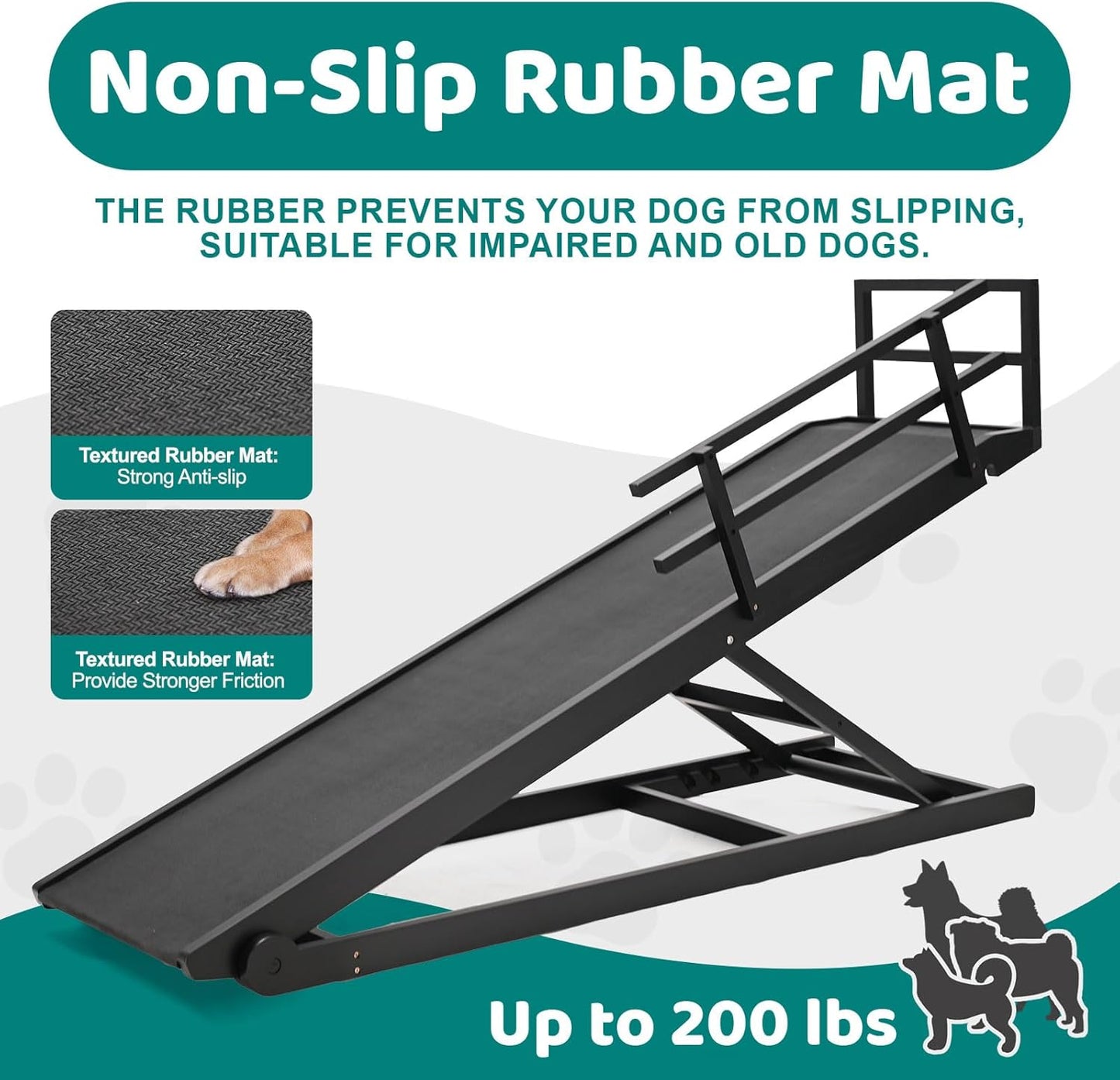 Dog Ramp for Bed, Adjustable Pet Ramps for Dog to Get on Bed, Non-Slip Rubber Surface - Folding Wooden Dog Ramp for Small/Large/Old Dogs, Adjustable up to 27.5 inch High Beds, Safety Railings
