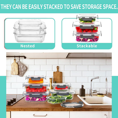 Skroam 10 Pack Glass Meal Prep Containers, 22 OZ Glass Airtight Food Storage Containers with Lids, Pantry Kitchen Storage Containers for Lunch, Food Storage, Meal Prep, Lunch Bento Boxes