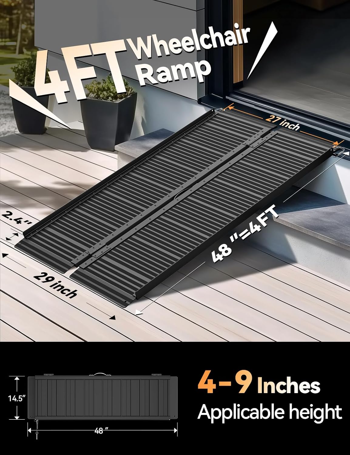 FACHNUO 2 Feet Portable Wheelchair Ramp, Non-Skid Aluminum Handicap Ramps with Handle, Folding Threshold Wheel Chair Ramp for Home Steps, Stairs, Entry, Doorways, Applicable Height 2-6 inches