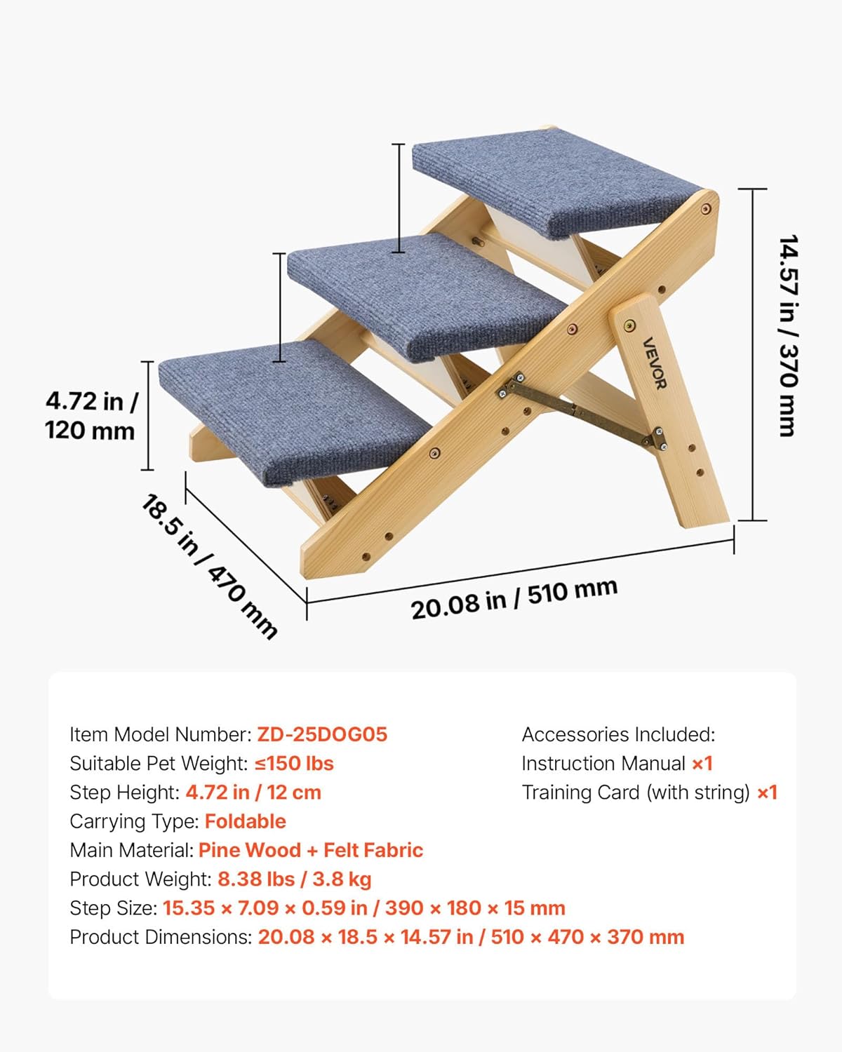 VEVOR Wood Pet Stairs, 2-Step Dog Stairs for Beds, Sofa & Cars, 110lbs Load Capacity, Floded Flat Design, Stable & Sturdy Cat & Dog Step Ladder for Small Medium Large Older Pet Puppy Essentials