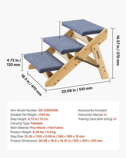 VEVOR Wood Pet Stairs, 2-Step Dog Stairs for Beds, Sofa & Cars, 110lbs Load Capacity, Floded Flat Design, Stable & Sturdy Cat & Dog Step Ladder for Small Medium Large Older Pet Puppy Essentials