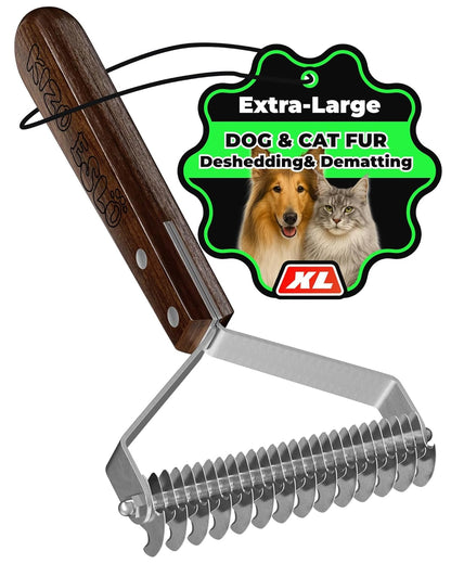 Extra Large 2-Sided Undercoat Rake for Dogs & Cats, Dog Brush for Shedding Remove Mats, Dematting Comb, Safe&Gentle Grooming Brush for German Shepherds Medium to Long-Haired Pets,Premium Wooden Handle