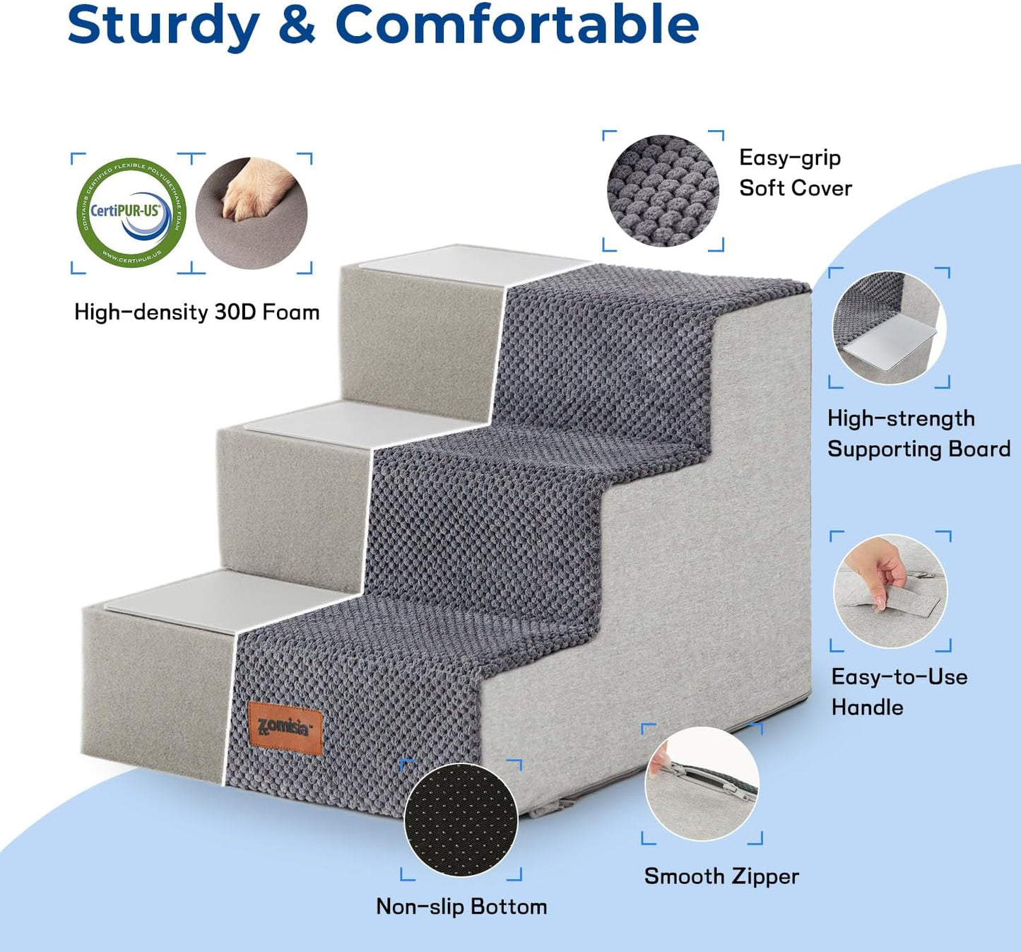 ZOMISIA Dog Steps for Couch - Pet Stairs for Small Dogs and Cats, Dog Steps with Non-Slip Bottom Grey 3 Steps, Grey