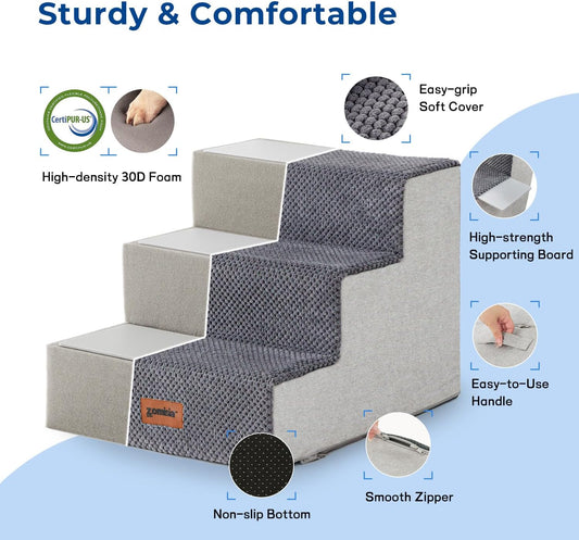 ZOMISIA Dog Steps for Couch - Pet Stairs for Small Dogs and Cats, Dog Steps with Non-Slip Bottom Grey 3 Steps, Grey