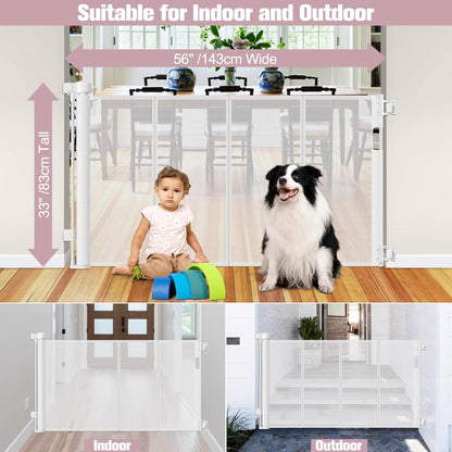 Reinforced 56" Wide Retractable Baby Gates for Doorways with Support Rods - Prevent Crawling Under Retractable Gate, Mesh Pet Gate for Stairs Retractable Dog Gates for The House Indoor/Outdoor, Black