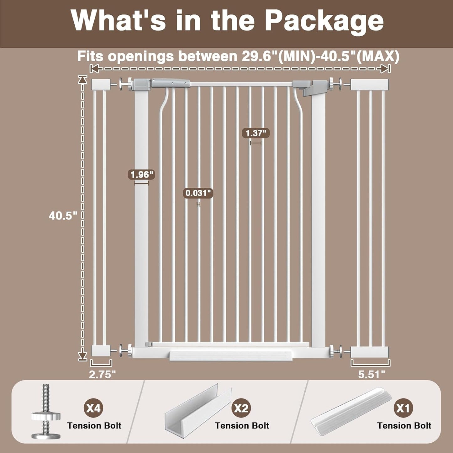 41" Extra Tall Cat Gate for Doorway, 49.2-54.7 Metal Pet Baby Safe Gate, Extra Wide Pressure Mounted Child Door with Expansion Kit, No Drilling No Climb Cat Fence Indoor, Tall Dog Gate, White