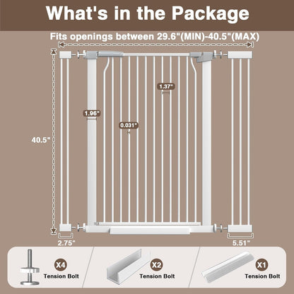 41" Extra Tall Cat Gate for Doorway, 49.2-54.7 Metal Pet Baby Safe Gate, Extra Wide Pressure Mounted Child Door with Expansion Kit, No Drilling No Climb Cat Fence Indoor, Tall Dog Gate, White