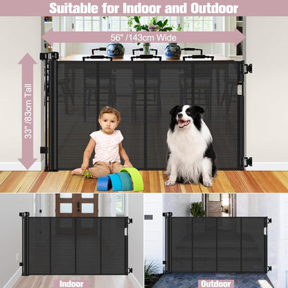 Reinforced 56" Wide Retractable Baby Gates for Doorways with Support Rods - Prevent Crawling Under Retractable Gate, Mesh Pet Gate for Stairs Retractable Dog Gates for The House Indoor/Outdoor, Black