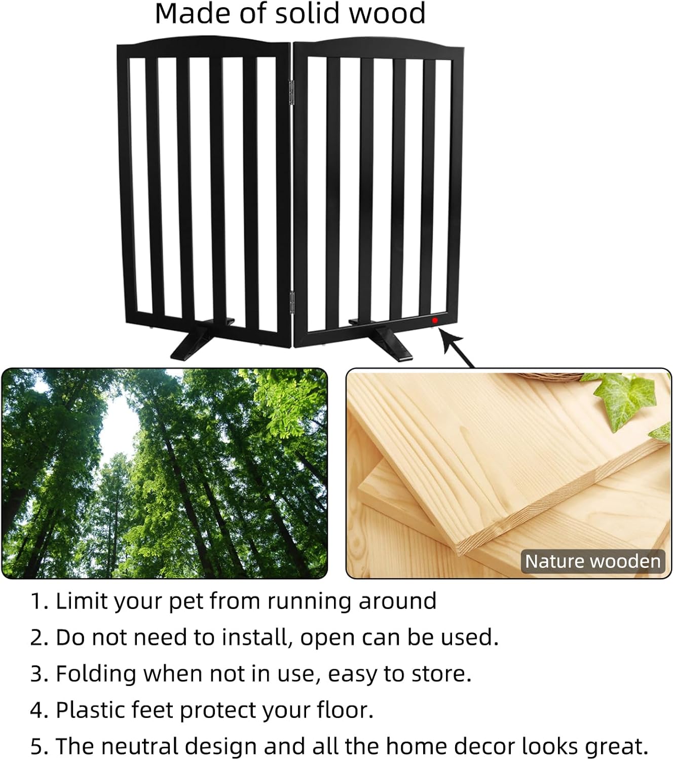 Freestanding Dog Gate Indoor,Doggie Gate Foldable Dog Gates for Doorways,Stairs or Hallways, Wooden White Pet Gate for the House, Pet Fence with Support Feet Included,24 "Height-4 Panels