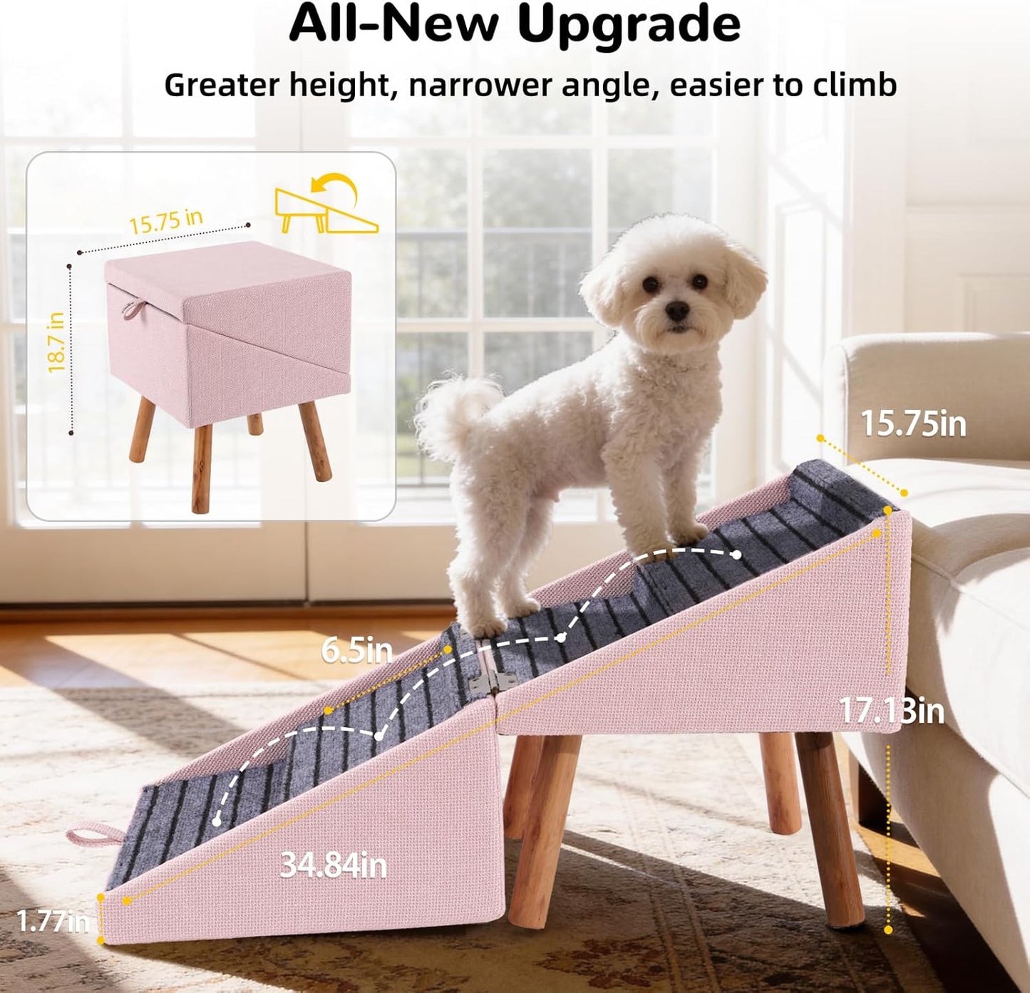 17.13" H Dog Stairs for Small Dogs, 2-in-1 Pet Steps & Ottoman - Foldable Dog Stairs for Couch, Non-Slip Wooden Pet Stairs for Puppy Senior Injured Dogs