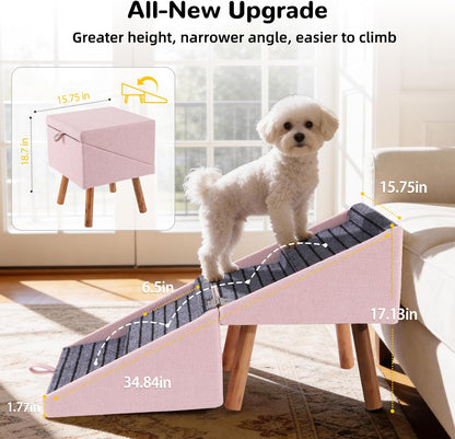 17.13" H Dog Stairs for Small Dogs, 2-in-1 Pet Steps & Ottoman - Foldable Dog Stairs for Couch, Non-Slip Wooden Pet Stairs for Puppy Senior Injured Dogs