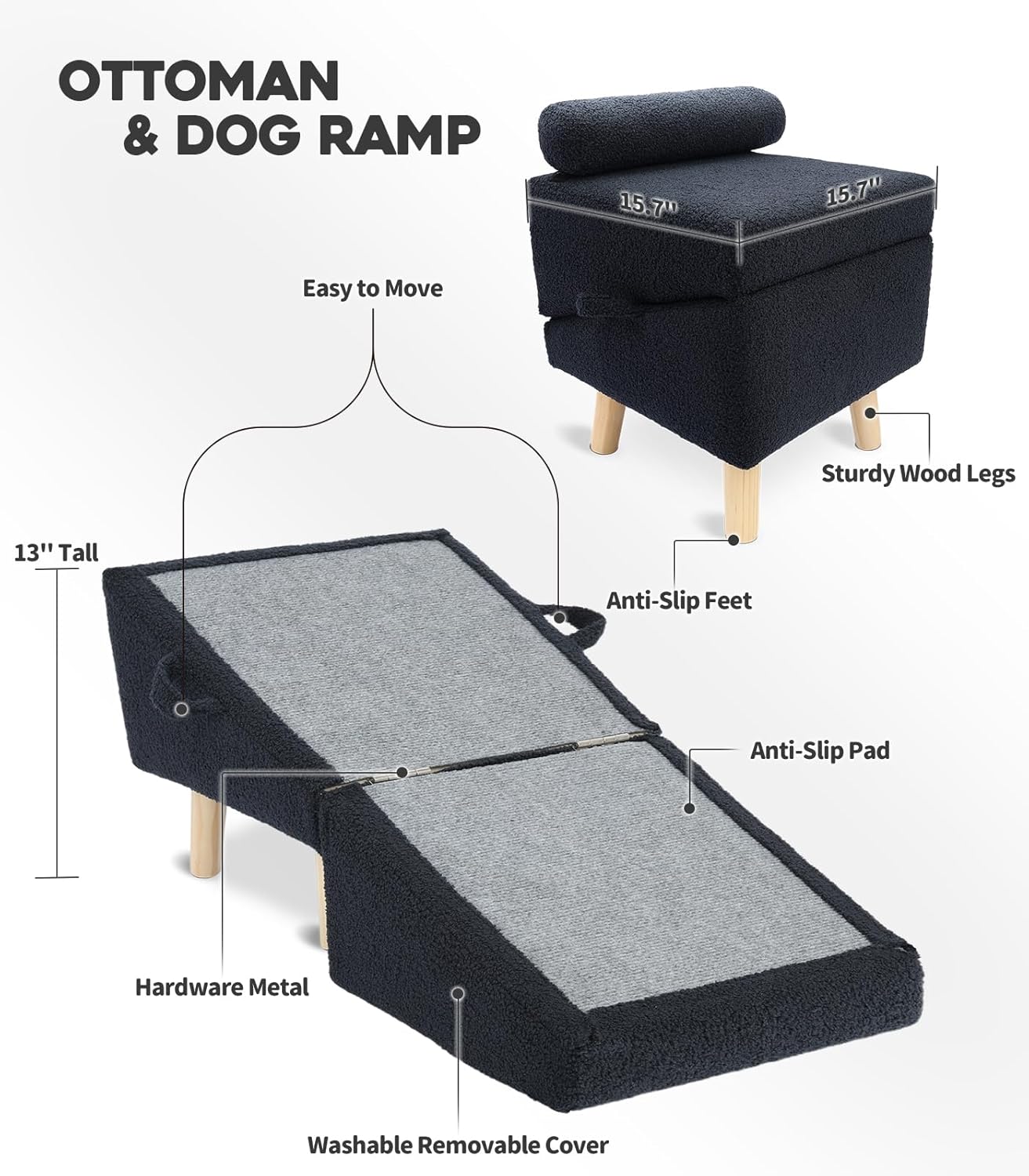 Dog Stairs for Small Dogs and Cats – 2-in-1 Dog Ramp for Couch and Low Bed, 16.5'' Foldable Wooden Pet Ramp, Sturdy Multi-Use Split Ottoman Design, Beige