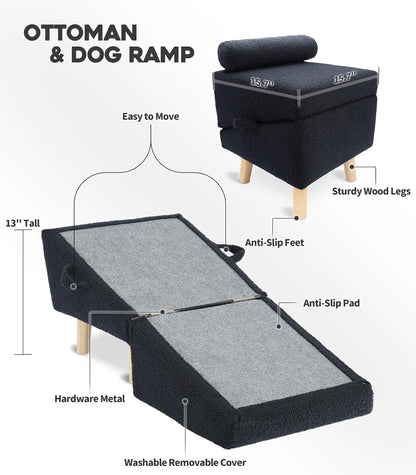 Dog Stairs for Small Dogs and Cats – 2-in-1 Dog Ramp for Couch and Low Bed, 16.5'' Foldable Wooden Pet Ramp, Sturdy Multi-Use Split Ottoman Design, Beige