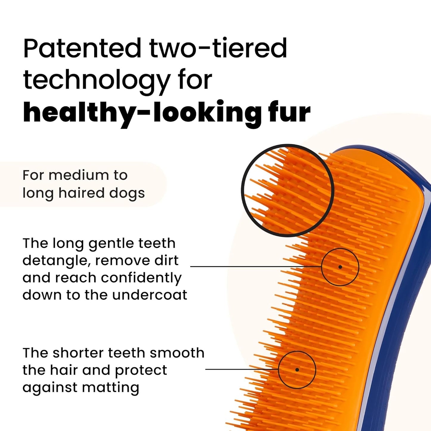 Pet Teezer Detangling Dog Grooming Brush, Dog Bath Brush for Long Haired Breeds and Wet or Dry Fur, Large, Navy & Orange
