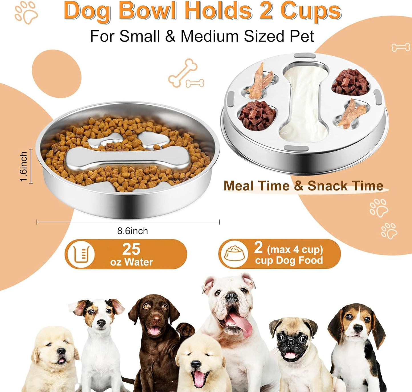 Stainless Steel Slow Feeder Dog Bowls,2 Pcs Slow Food Bowl for Dog & Cat - 2 Cups Capacity,Bone-Shaped Design Pet Food Holder,Metal Non-Slip Lick Plate,Puzzle Maze Dish for Small & Medium Sized Breeds