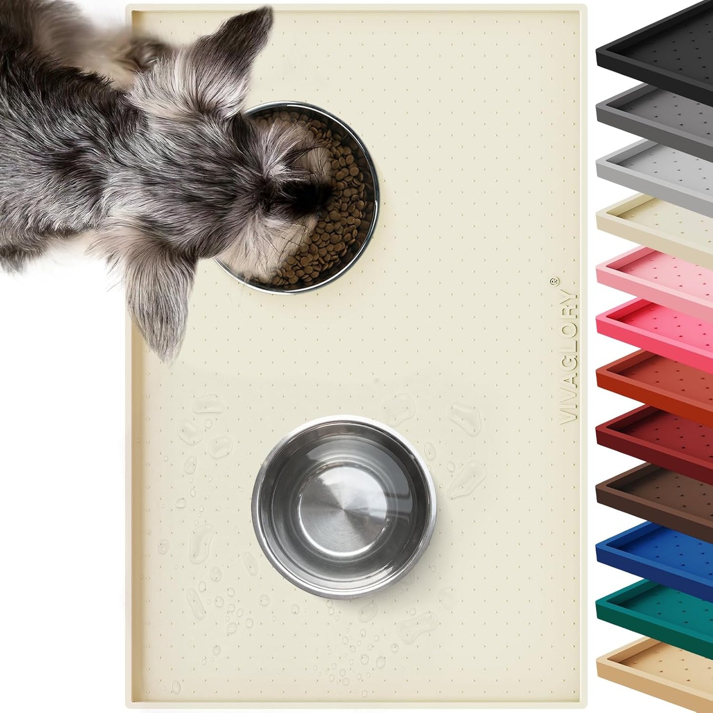 VIVAGLORY Dog Bowl Mat Grippymat Pet Food Mat, Waterproof Washable Nonslip Silicone for Pet & Cat, Food and Water Placemat with Lip & Raised Edges for Indoor Floor, S, Grey