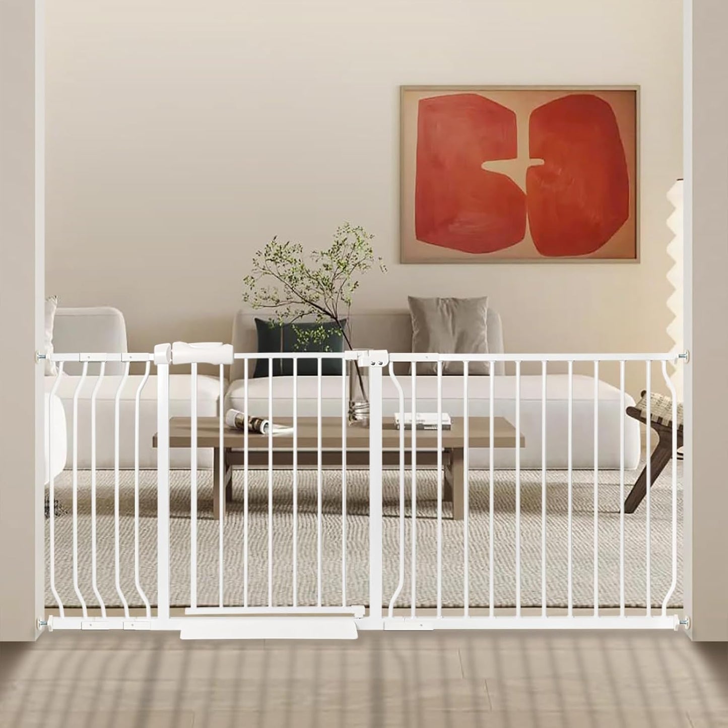 Extra Wide Baby Gate 71.65-76.38 Pressure Mounted,Child Dog Pet Safety Gates with Walk Through Door for Doorways Stairs No Drilling in Door,White