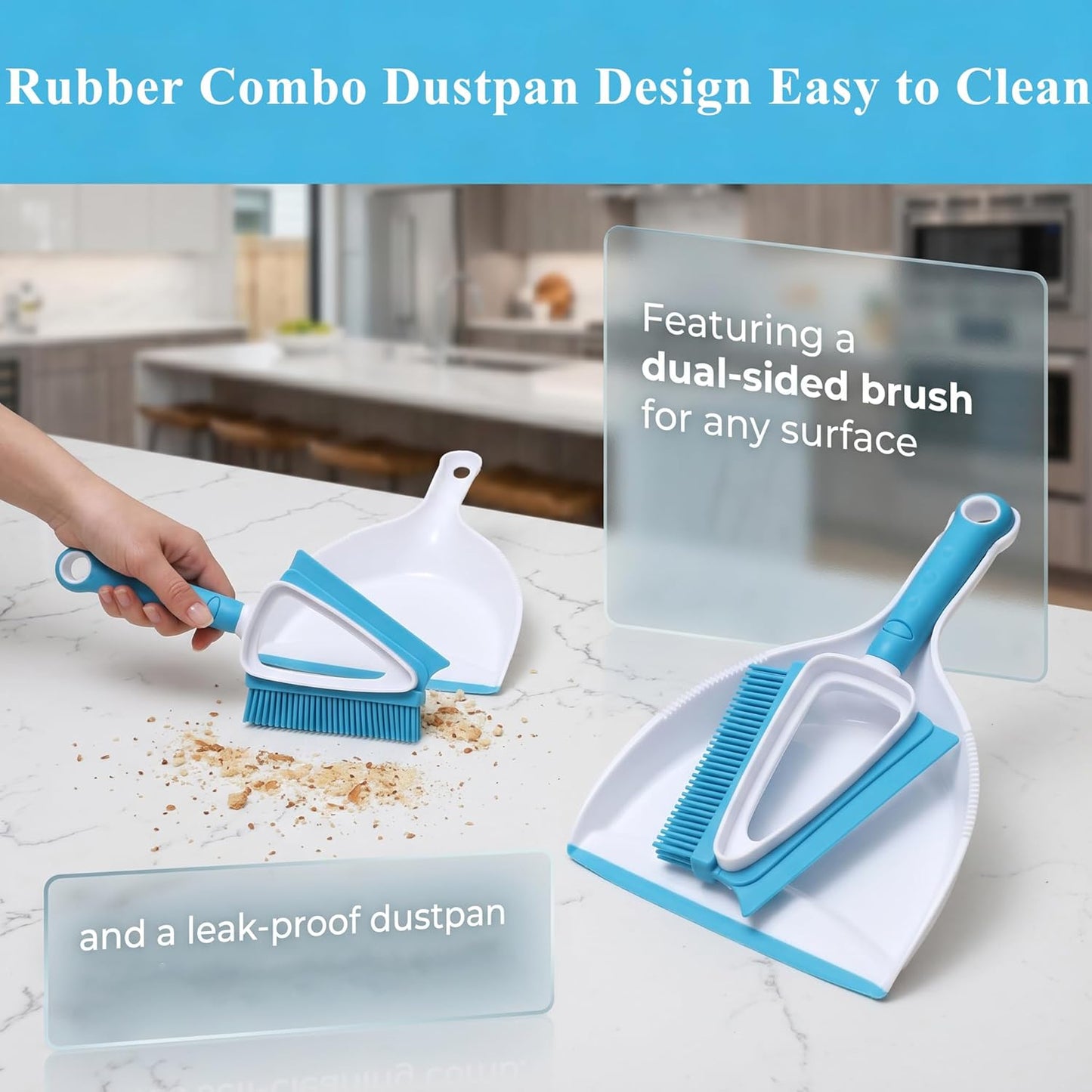 Pet Hair Removal Brush with Mini Dustpan – Pet Rubber Brush for Dogs & Cats, Double-Sided Squeegee Tool for Carpet, Clothes, Sofa, Bed Sheets - Easy Storage