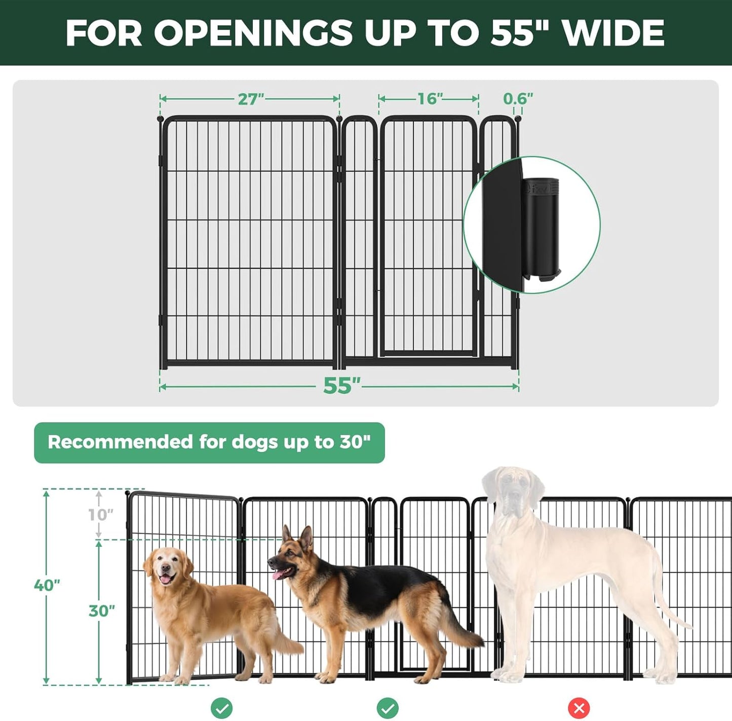 FXW Dog Gate Extra Wide Designed for Indoor Use, Adjustable Width Up to 183-inch Wide (24" H 8 Wire Panels for Puppies and Small Dogs), Black