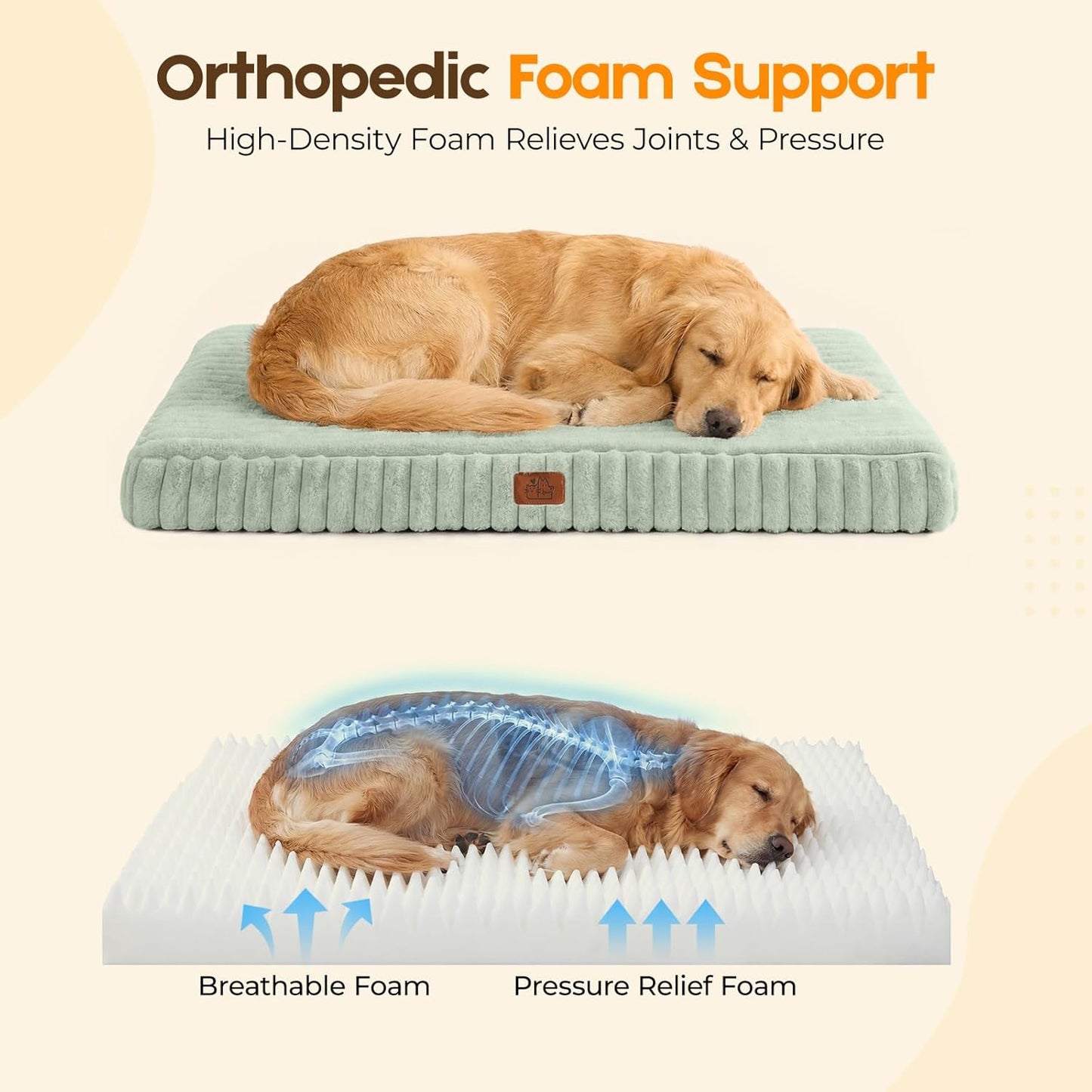 Orthopedic Dog Bed for Large Dog, Waterproof Pet Bed,Non-Slip Bottom and Egg-Crate Foam with Removable Washable Cover Crate Bed,Cream,36"x27"x3"