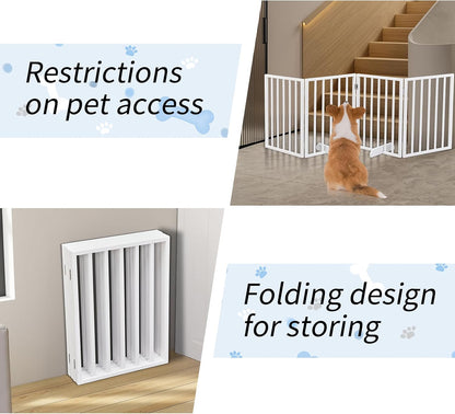 Outvita 4-Panel Indoor Foldable Dog Gate for Stairs, 24" H Retractable Wood Pet Freestanding Dog Fence, Pet Gate with Support Feet for Stairs, Hallways, Doorways, Front Porch, Fireplace, White
