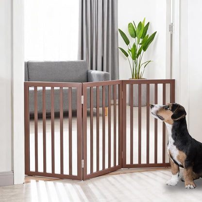 ZJSF Freestanding Indoor Dog Gate for House Foldable Wood Brown Puppy Gate for Doorways Pet Gate for Stairs Extra Wide Pet Fence 24" Height 2 Panels