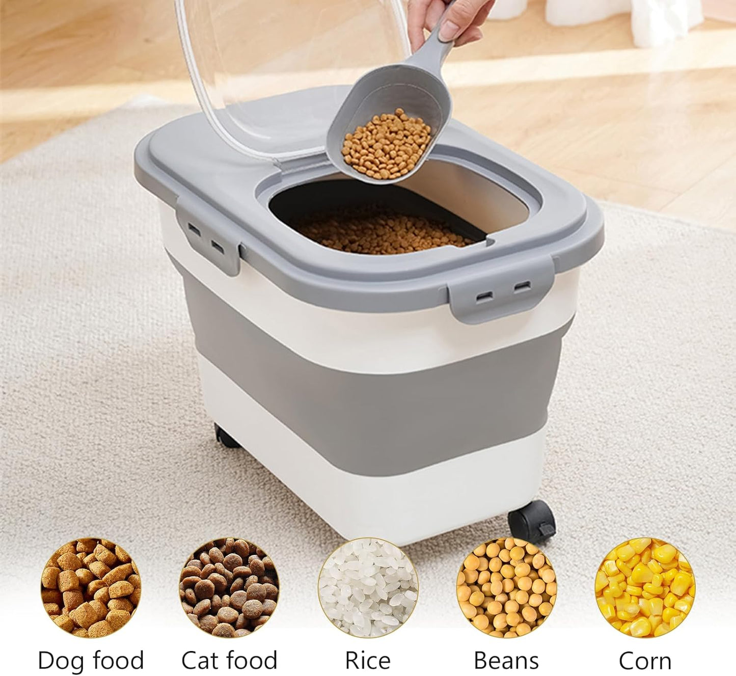 SEWIU 2pack 25 lbs Dog Food Storage Container,Collapsible Dog Food Container with Scoop,Pet/Dog/Cat/Bird Food/Cat litter Storage Containers to Keep Dry,Easy to Move.(Black+white)