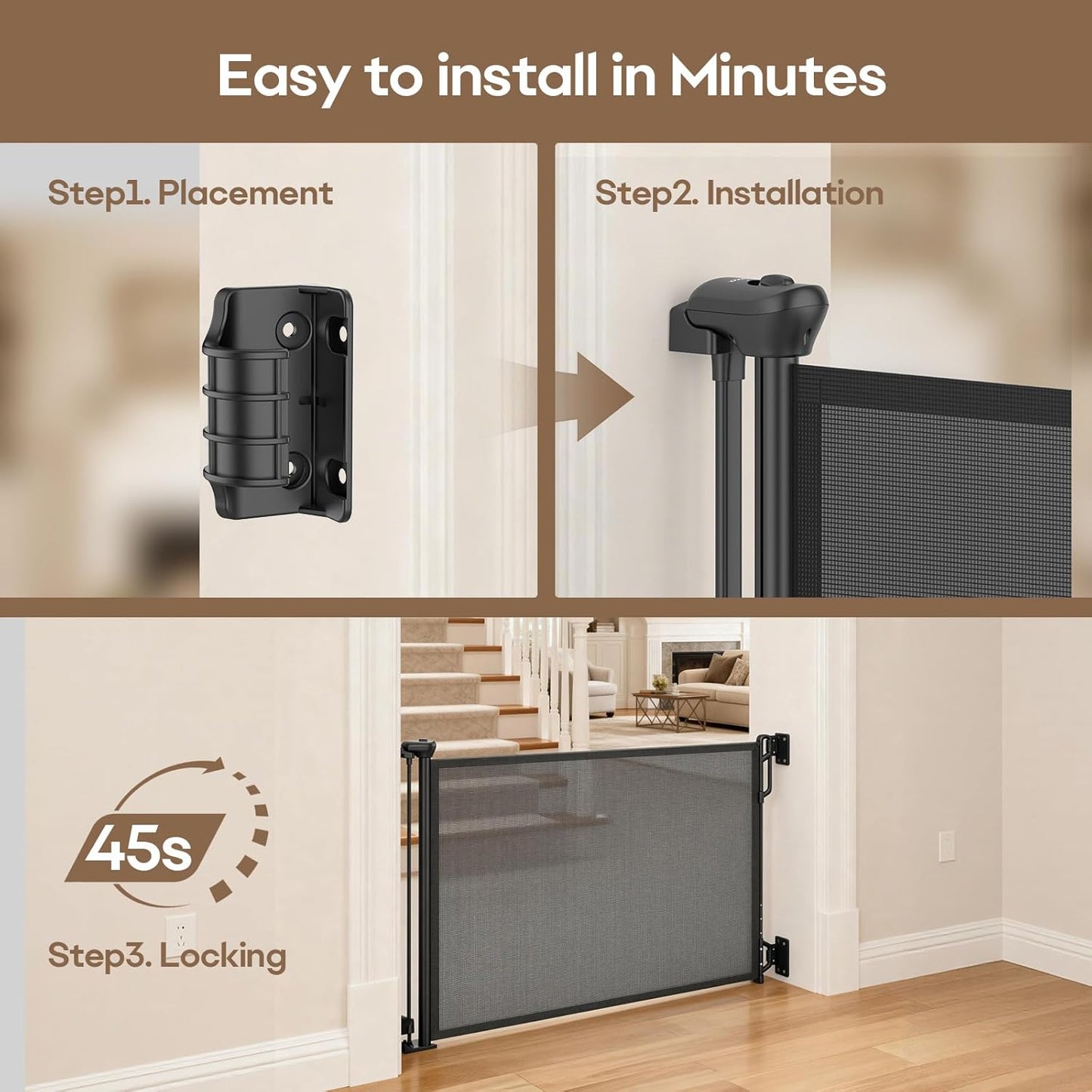 SPACEANY Retractable Safety Baby Gate or Mesh Dog Gate,Durable Portable Mesh Retractable Gate,Easy to Use for Stairs, Doorways, Hallways, Indoor, Outdoor, 33.5" Tall, Up to 45" Wide, Cream