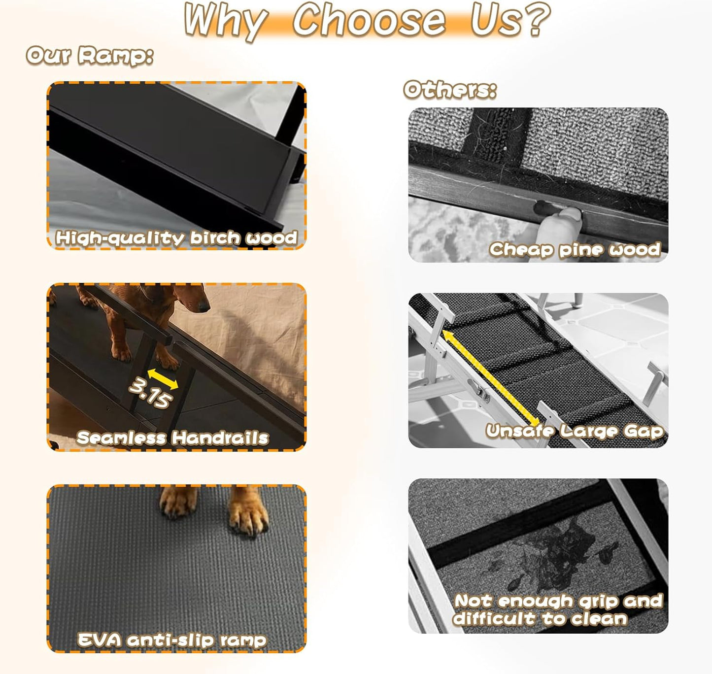 61" Dog Ramp for Bed with Rest Platform & Glow Strips, 20° Gentle Slope, EVA Non-Slip Surface, Removable Safety Rails, Birchwood Solid Wood, for Small, Large & Senior Dogs, Joint Protection, Black