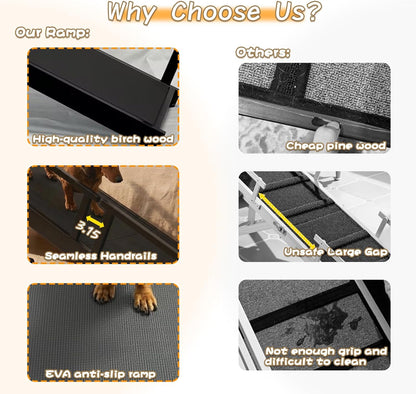 61" Dog Ramp for Bed with Rest Platform & Glow Strips, 20° Gentle Slope, EVA Non-Slip Surface, Removable Safety Rails, Birchwood Solid Wood, for Small, Large & Senior Dogs, Joint Protection, Black