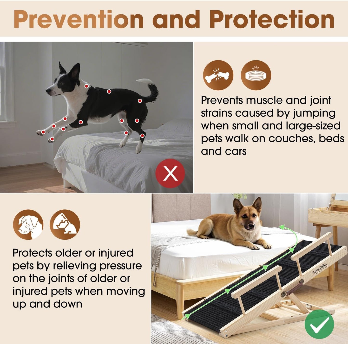 Dog Ramp for Bed - Foldable Small to Large Dog Ramp for Couch - 6 Adjustable Height from 12" to 24" - Stairs with High Traction Mat - Wooden Portable Ramp for Dogs to Get on Bed Couch Car Up to 200LBS