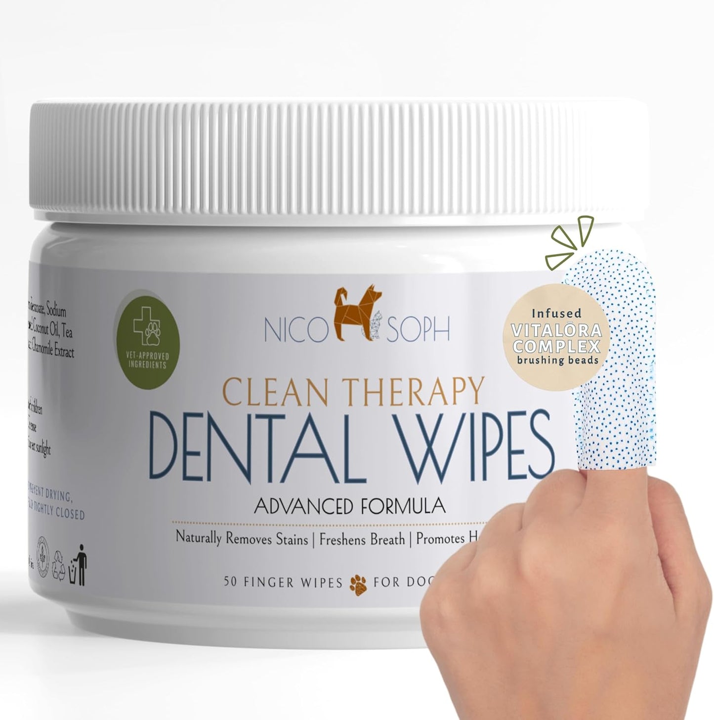 Advanced Dog & Cat Toothbrush Wipes | Pet Dental Finger Wipes | Infused Brushing Beads Remove Plaque & Tartar | Lasting Fresh Breath | Easy Daily Pet Dental Care | 50 Count