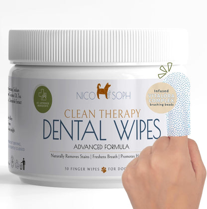 Advanced Dog & Cat Toothbrush Wipes | Pet Dental Finger Wipes | Infused Brushing Beads Remove Plaque & Tartar | Lasting Fresh Breath | Easy Daily Pet Dental Care | 50 Count
