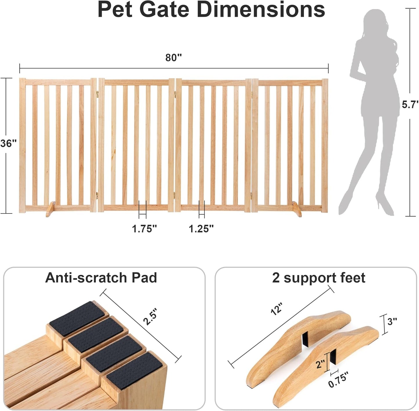 36" Height Extra Tall Freestanding Pet Gate, Solid Wood Folding Safety Fence Wooden Dog Gate with 2 PCs Support Feet Ideal for Stairs, Doorways, Halls, Kitchens, Heavy Duty Gates, 3 Panels, Oak