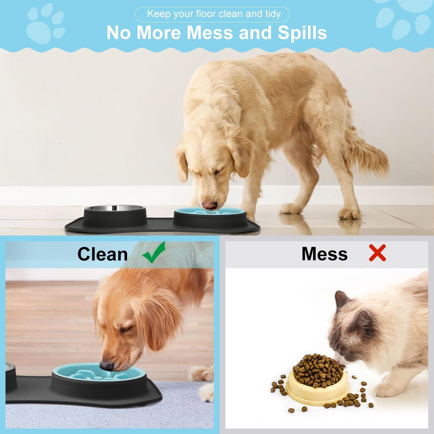 Anipaw Slow Feeder Dog Bowls 3 in 1 Stainless Steel Food and Water Bowls with Non-Spill and Skid Silicone Mat to Slow Down Eating for Large Medium Small Breed Size Dogs and Cats