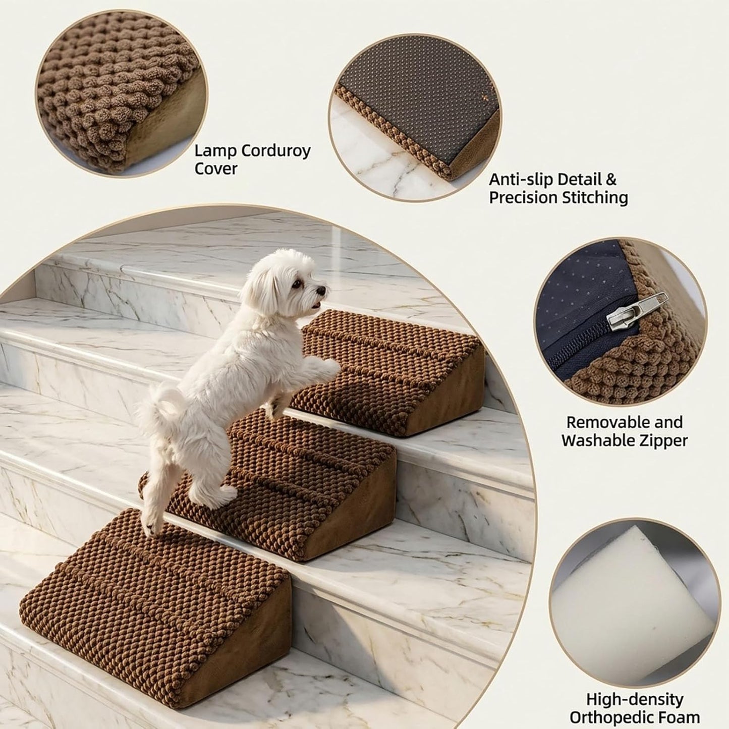 Dog Ramp for Stairs - Dog Steps-Anti-Slip Foam Stair Wedges for Small & Senior Dogs,Gentle Slope Pet Steps with Washable Corduroy Cover, Self-Sticky Pads for Safe Climbing (Gray,2-Pack)