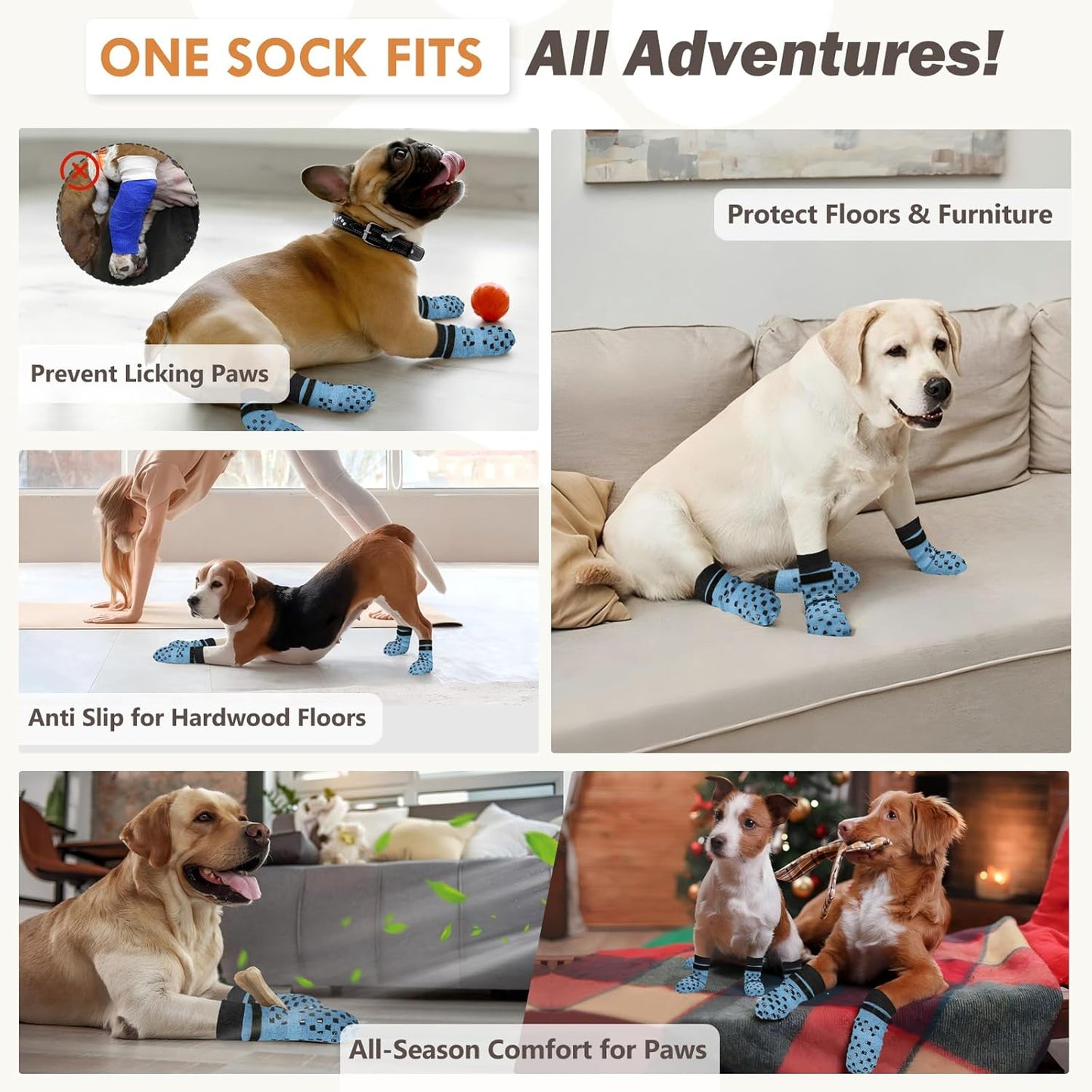 Anti Slip Dog Socks to Prevent Licking Paws, Dog Shoes for Hot/Cold Pavement, Dog Boots on Hardwood Floors, Traction Control Dog Booties & Paw Protectors for Small Medium Large Senior Dogs