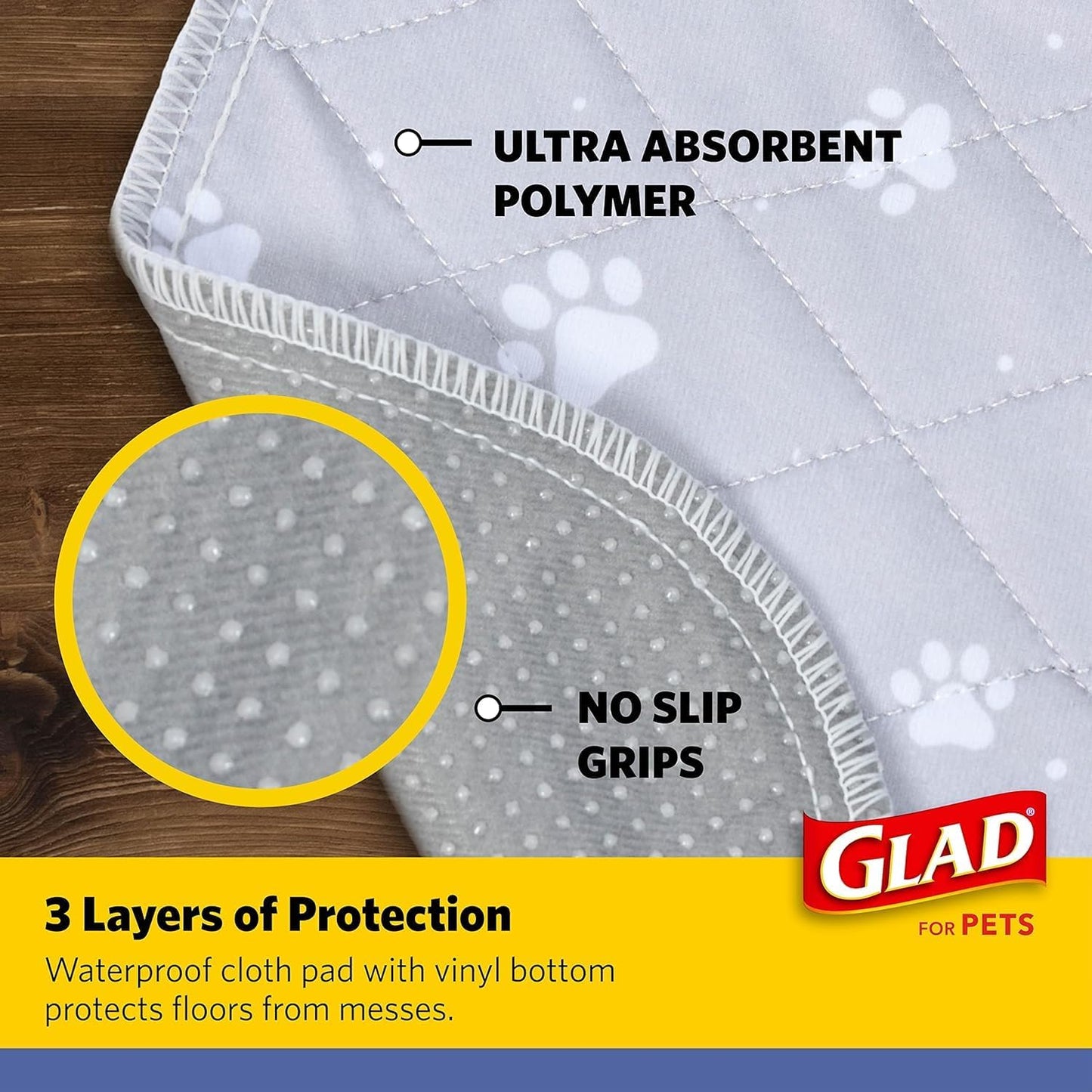 Glad for Pets Washable Dog Pee Pads, Medium, 24 x 36 Inch, 2 Count, Gray with Paw Prints, 3-Layer Leak Protection, No-Slip Vinyl Bottom, Reusable Puppy Training Pads