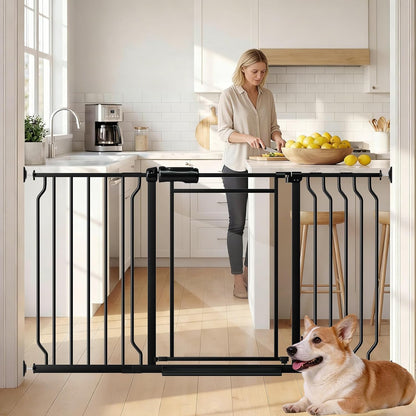 Fairy Baby Triple Lock Clear Baby Gate for Doorways, 57.6”-66.8” Extra Wide Acrylic Dog Gate for Stairs, Safety Child Gate Pressure Mounted No Drill, Auto Close Clear Pet Gate One-Hand Opening, Black