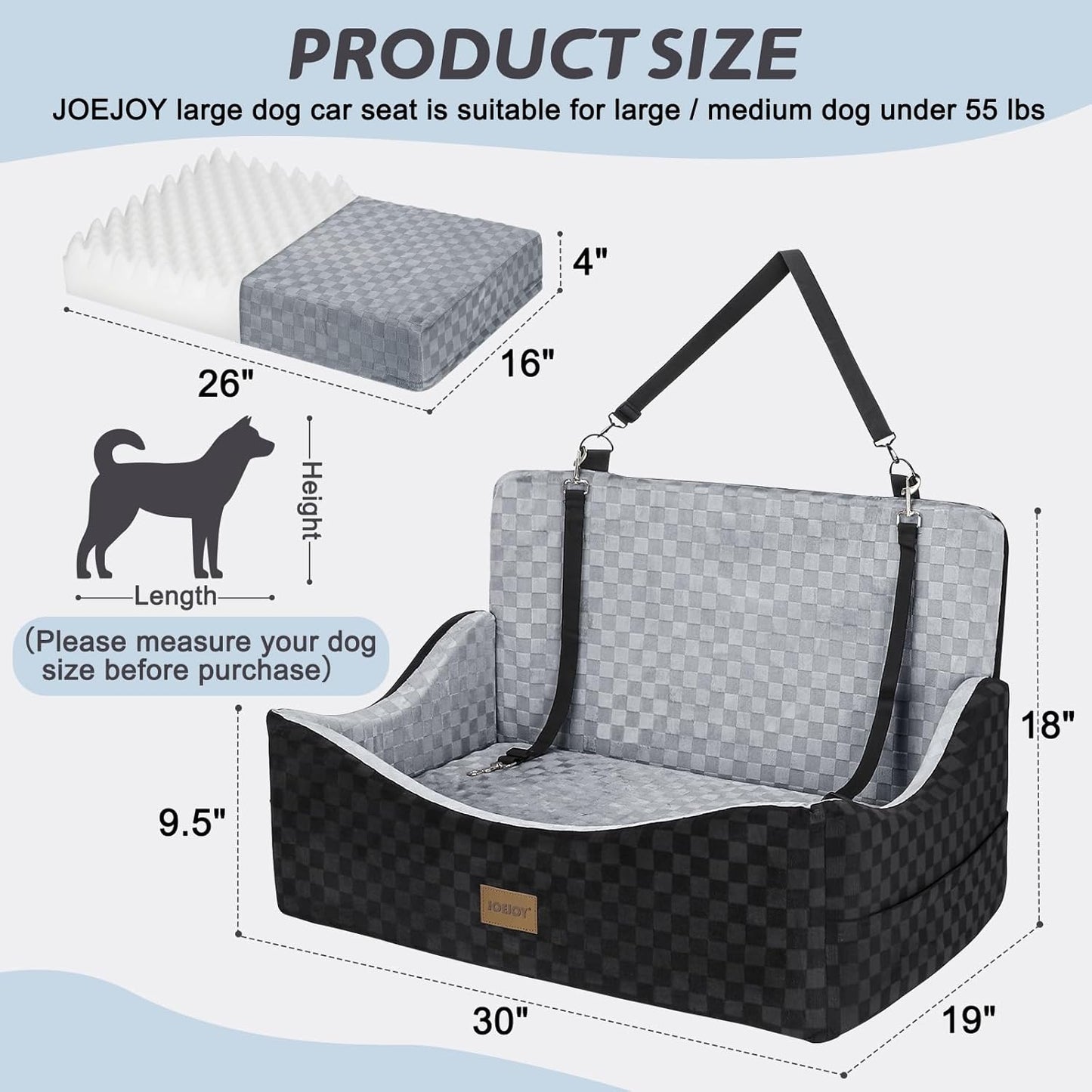JOEJOY Elevated Dog Car Seat for Small/Medium Dogs up to 35 lbs, Memory Foam Booster Seat with Detachable Washable Cover, Travel-Safe Car Bed with Safety Belts & Storage Pockets, Grey