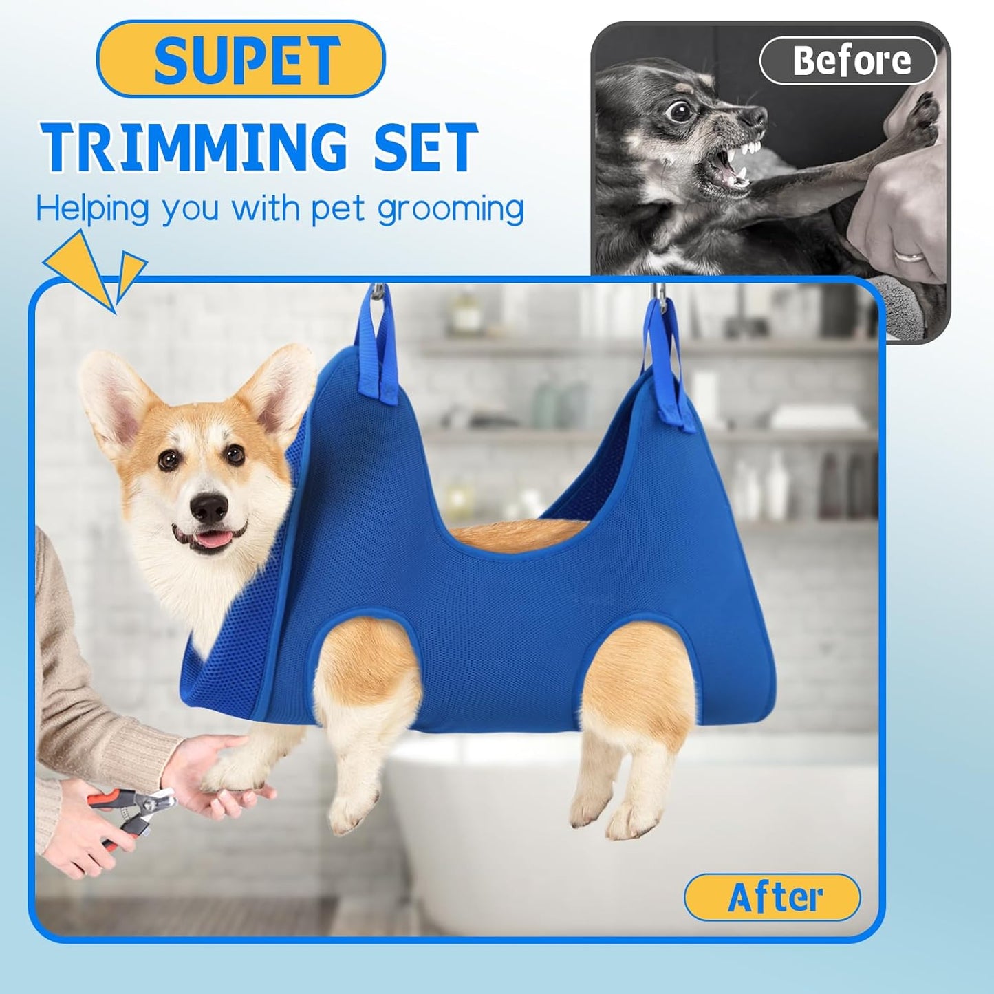 Supet Dog Grooming Hammock Harness for Dogs Cats, Relaxation Pet Nail Clipper Hammock, Restraint Dog & Small Animal Leashes Sling for Groomingk for Nail Trimming (Coral Blue, S)