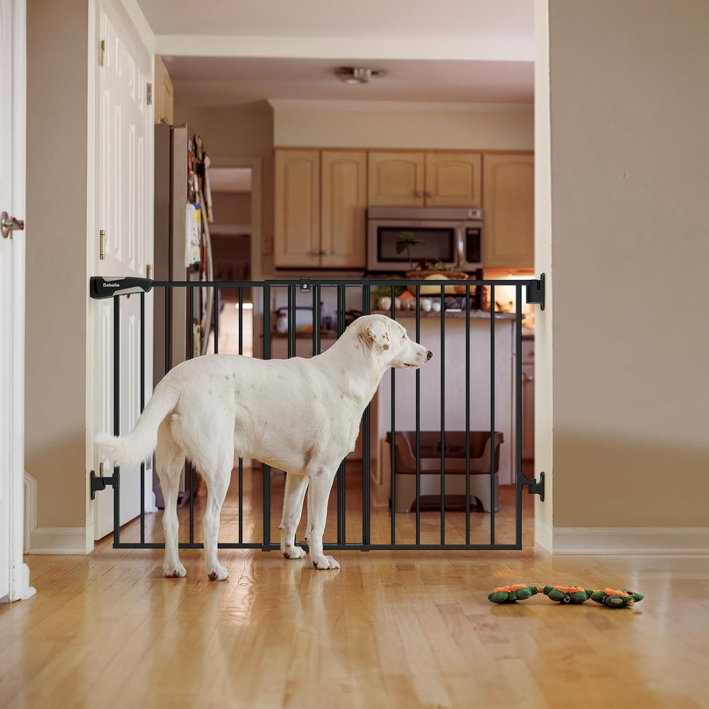 Babelio Baby Gate for Stairs, Kitchen & Doorways, 26-43" W 28" H No Bottom Bar| Easy Installation| One-Handed Operation| Auto-Close| Hardware Mount (Drill Needed) Safety Dog/Pet Gate Indoor (White)