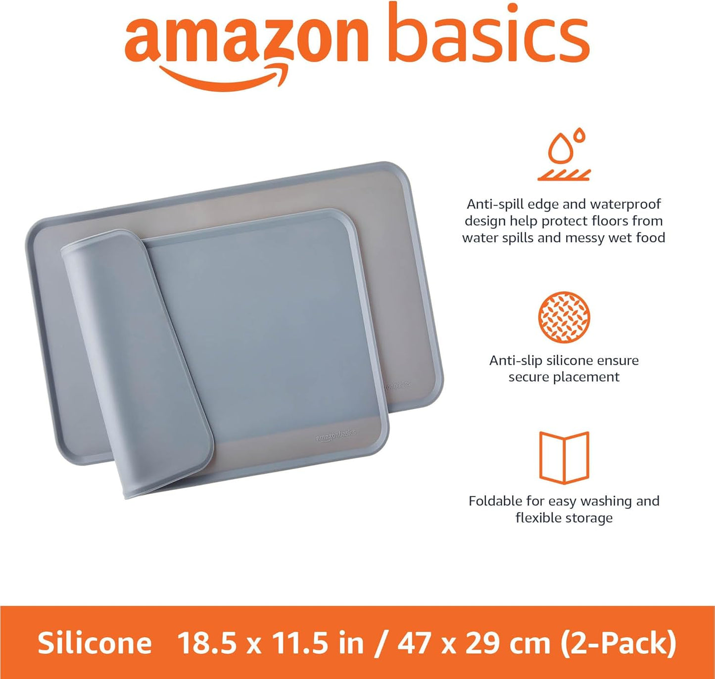 Amazon Basics Waterproof Non-Slip Silicone Pet Feeding Mat with Raised Edges for Food and Water Bowls, Easy to Clean Pet Placemat to Protect Floors, 18.5" x 11.5", Black