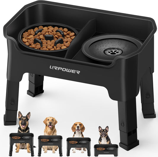 URPOWER Mess Proof Elevated Dog Bowls 4 Height Adjustable Raised Stand with No Spill Water Bowl and Slow Feeder Dog Bowls Non-Slip Food and Water Bowl Set for Small, Medium & Large Dogs