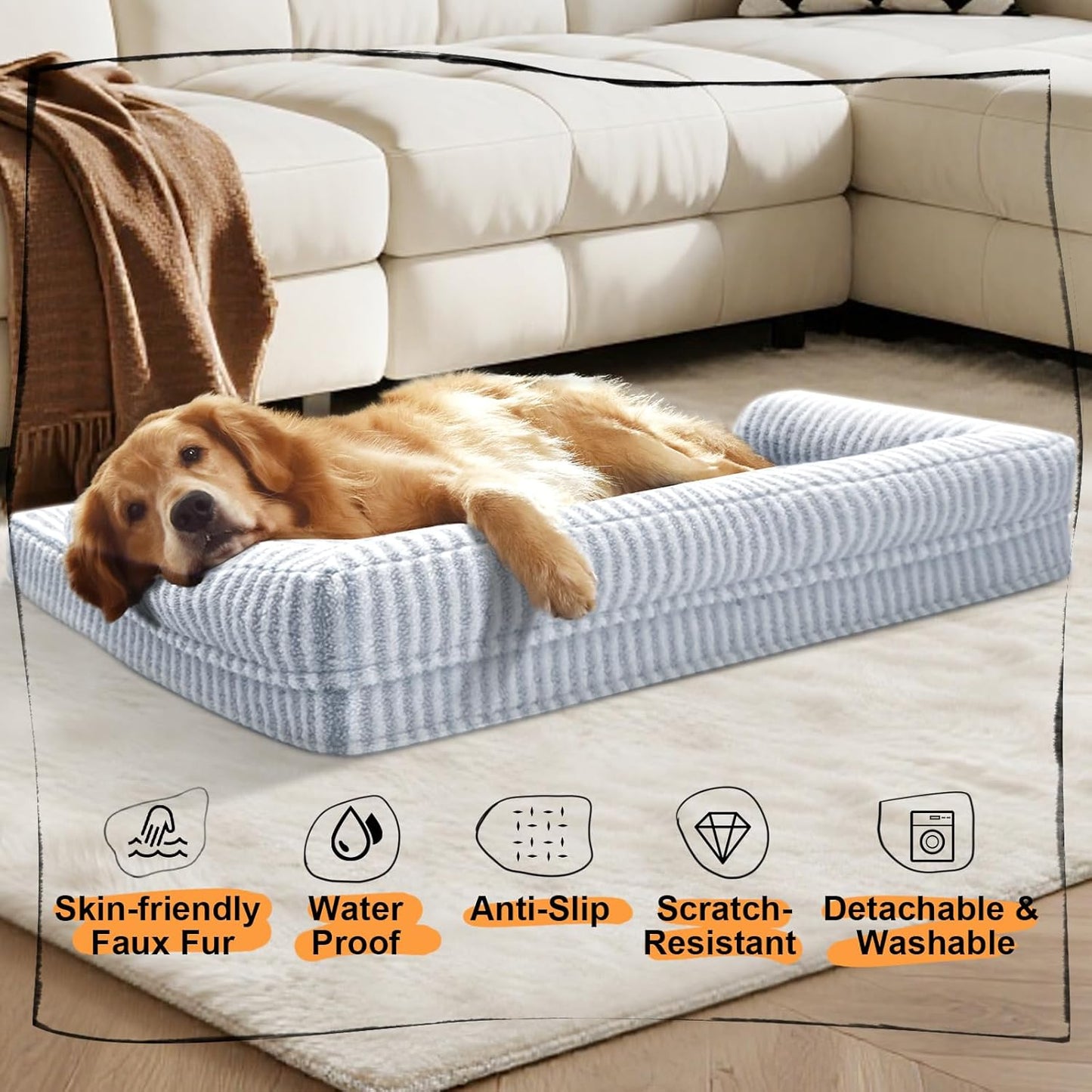 Large Dog Bed Orthopedic Washable - Beds Bolster - Medium XL XLarge Big Dogs - Memory Foam Couch Sofa - Waterproof with Removable Cover