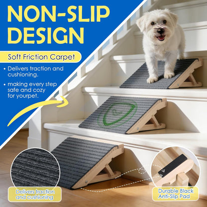Dog Ramp for Stairs 2 Pack - Adjustable Solid Wood Foldable Indoor Pet Ramp for Senior & Injured Dogs, 2 Heights (4.2"/5.1"), Triangular Support & Non-Slip Carpet for Patio/Home, No Assembly (15.7"L)